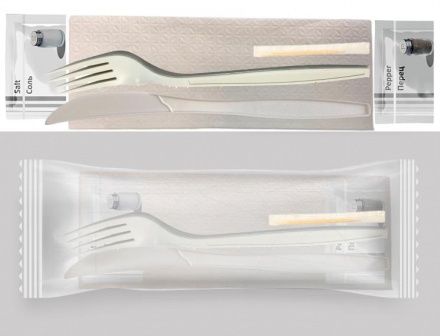 Набор приборов из кукурузного крахмала Н-6 Белый (салфетка бумажная, нож, вилка, соль, перец, зубочистка)
