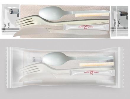 Набор приборов биополимера (салфетка бум., чайная ложка, нож, вилка, сахар, соль, перец, зубочистка)