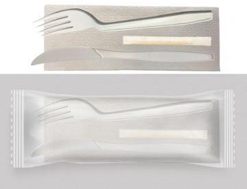 Набор приборов из кукурузного крахмала  Н-4 Белый(салфетка бумажная, нож, вилка, зубочистка)