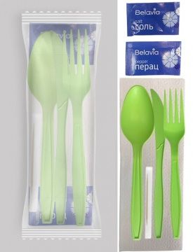 Набор приборов из кукурузного крахмала(зелёный) вилка, ложка, нож, соль, перец, зубочистка